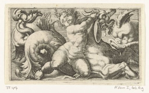 Child holding on with both hands to the horns of a sea-monster