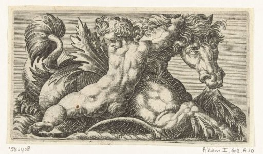 Child seen from the back, hanging from the mane of a sea-horse