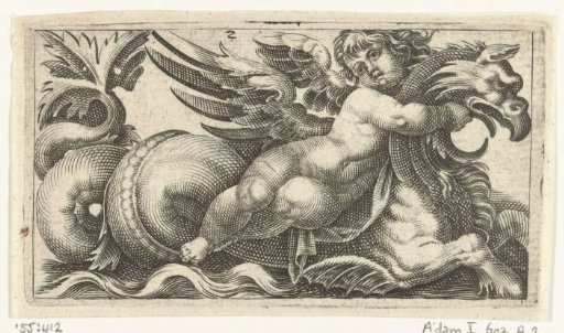 Putto, seated on a sea-monster with the head of a griffin