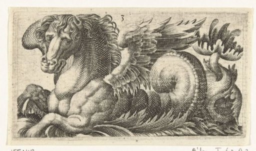 Winged sea-horse with an open leaf at the end of its tail from which two pestles protrude