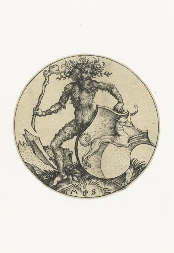 Shield with a dog, held by a wild man with a club