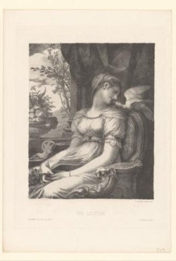 Resting woman with book on lap, a dove on the chair back