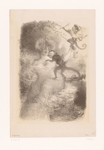 Woman with globe, stacks of papers and two monkeys