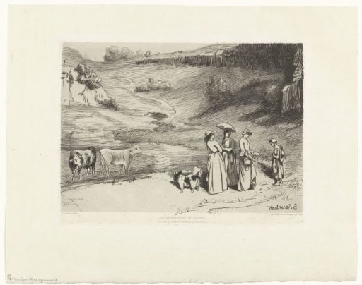 Young women giving money to a shepherdess in a hilly landscape