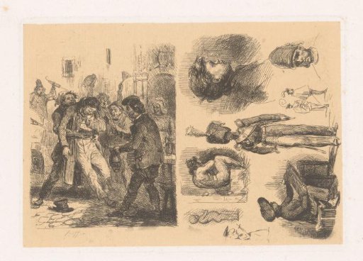 Group of men, next to it a composition with, among others, a soldier