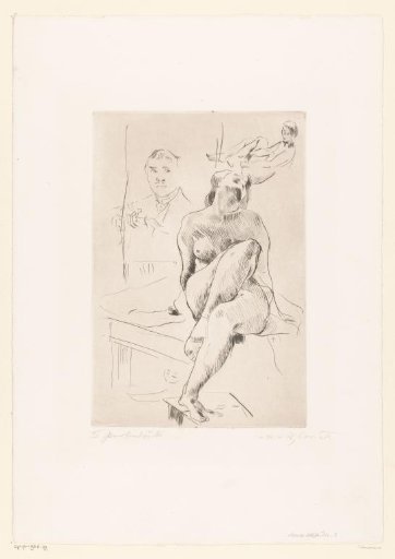 Two nudes with self-portrait