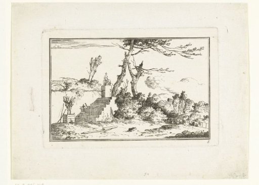 Staircase to a terrace with a statue