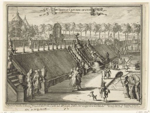 View (from the side) of a terrace waterfall in the park of Palace Het Loo