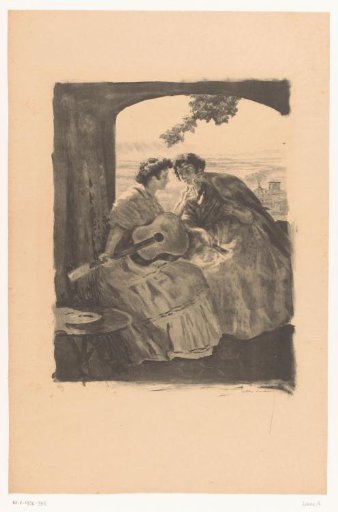Two Spanish women with guitar and a parrot