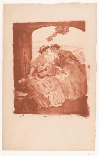 Two Spanish women with guitar and a parrot