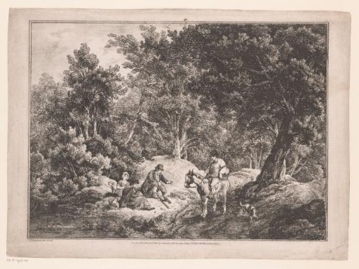 Forest landscape with rider and seated figures