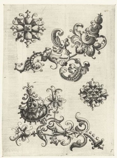 Two flower sprigs and two brooch-shaped patterns