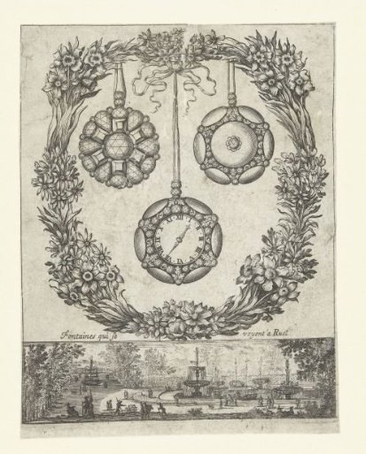 Floral wreath with clock cases, below the garden of the Château de Rueil