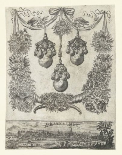 Cartouche with three earrings, below a panorama of Rome