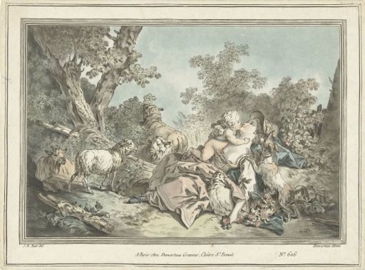 Shepherdess embraced by Cupid