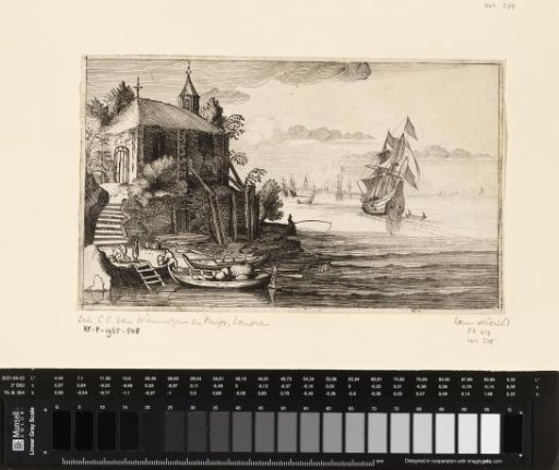 Two-master by a coast with a chapel