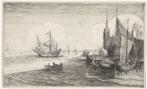 Ships before a coast near a church