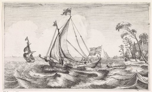 Packet boat with full sails sailing to the left