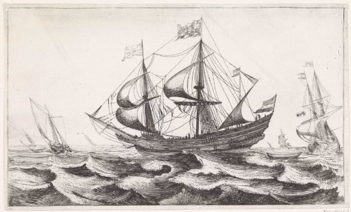 Three-master at sea sailing to the left