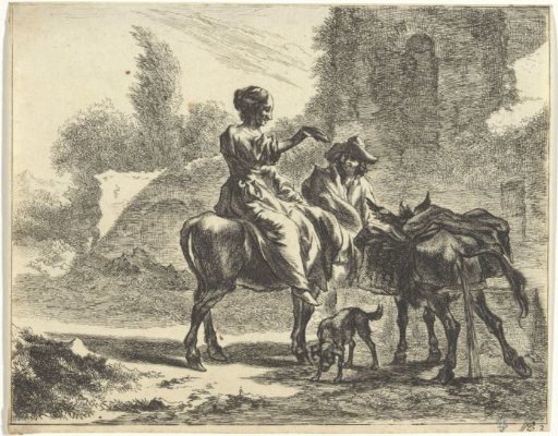 Shepherds and donkeys at a drinking trough