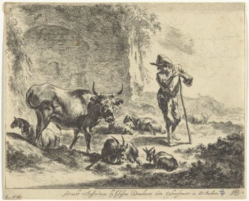 Shepherd resting on his staff near a ruin