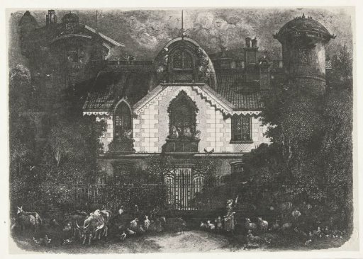 House with a tower behind a fence and shepherdess with cattle