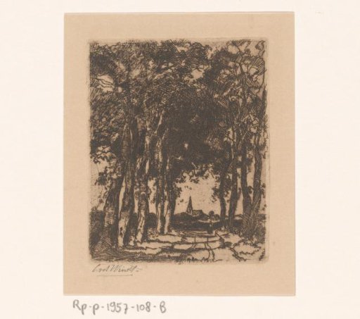 Tree-lined avenue with village view