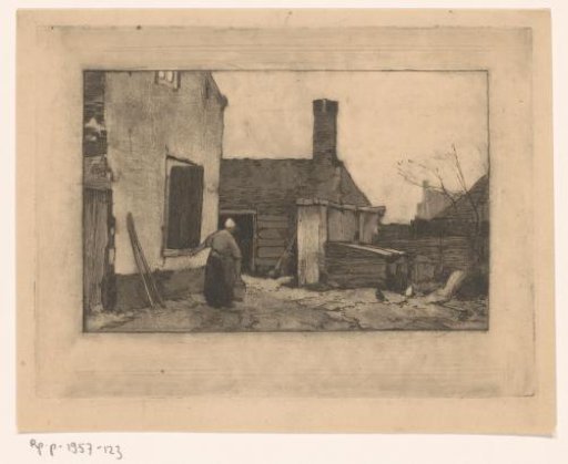 Woman with a bucket near a farm