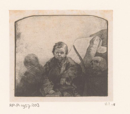 Seated boy at a table with a book and skull