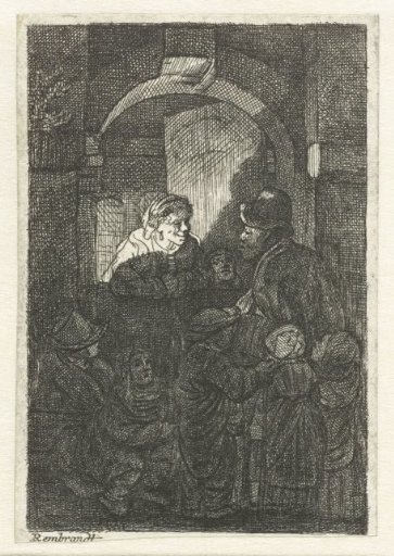 A hurdy-gurdy player followed by children at the door of a house ('The schoolmaster')
