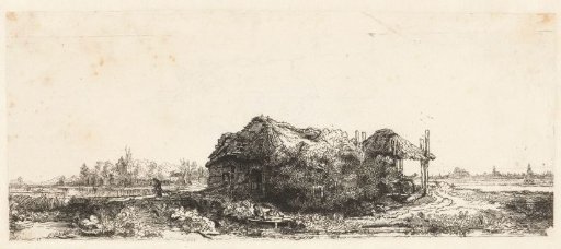 Landscape with cottages and a hay barn: oblong