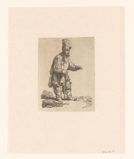 A peasant in a high cap, standing leaning on a stick