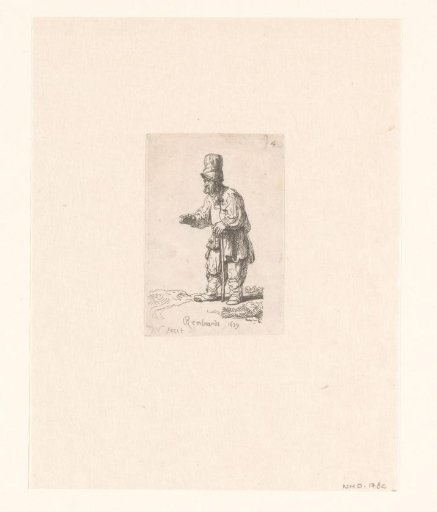 A peasant in a high cap, standing leaning on a stick
