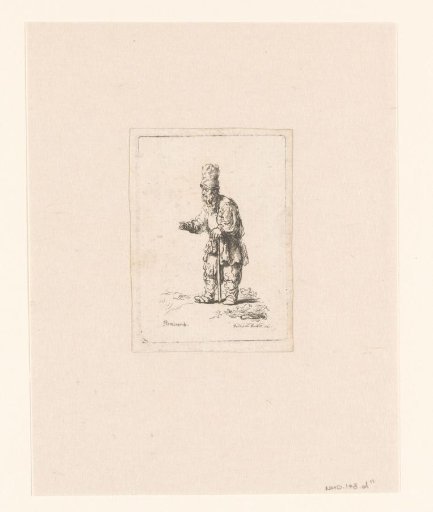 A peasant in a high cap, standing leaning on a stick
