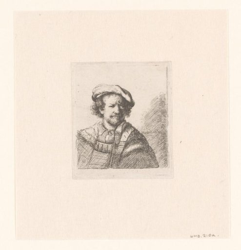 Self-portrait in a flat cap and embroidered dress