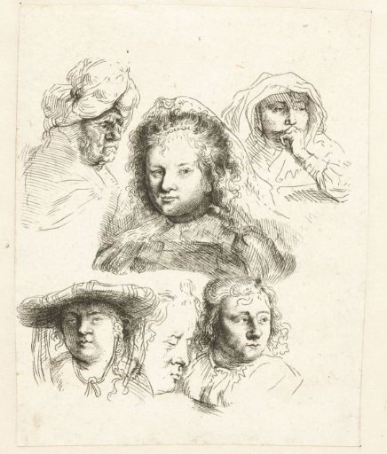 Studies of the head of Saskia and others