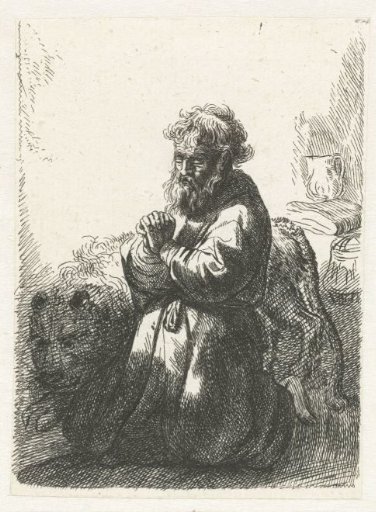 Saint Jerome kneeling in prayer, looking down