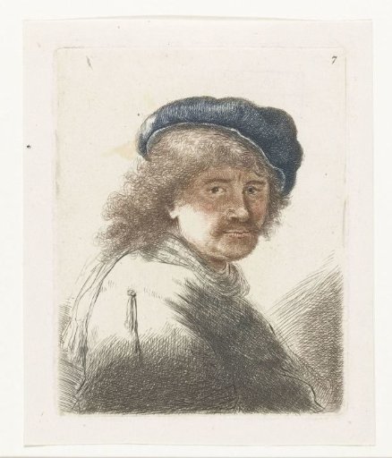 Self-portrait in a cap and scarf with the face dark: bust