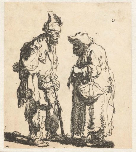 Beggar man and beggar woman conversing
