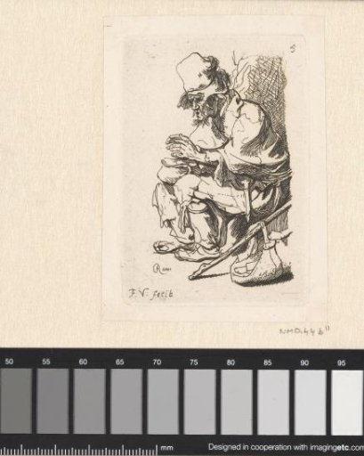 Beggar seated warming his hands at a chafing dish