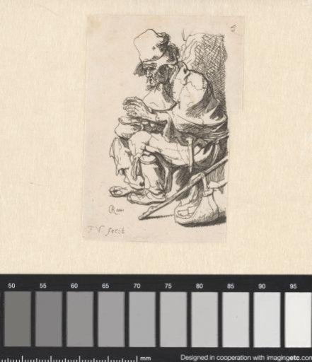 Beggar seated warming his hands at a chafing dish