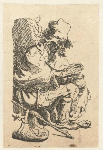 Beggar seated warming his hands at a chafing dish