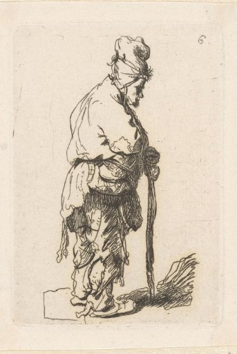 Beggar leaning on a stick, facing left