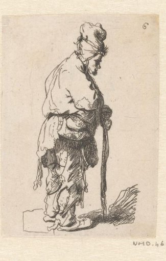 Beggar leaning on a stick, facing left
