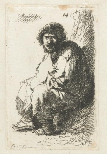 Beggar seated on a bank