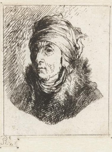 Woman with a high headdress wrapped around the chin: bust