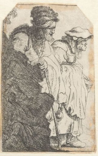 Beggar man and woman behind a bank