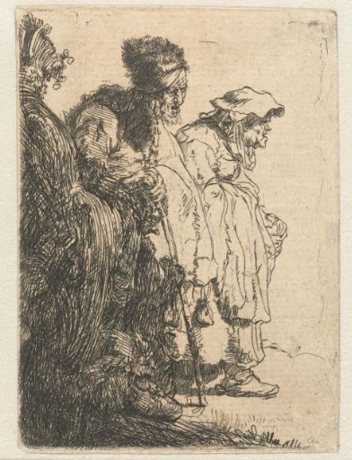 Beggar man and woman behind a bank