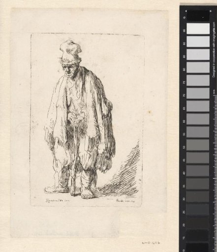 Beggar in a high cap, standing and leaning on a stick