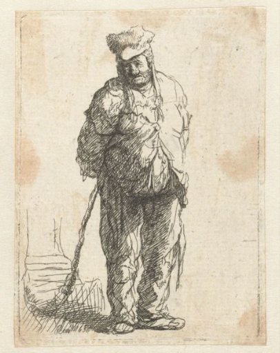 Ragged peasant with his hands behind him, holding a stick